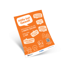 Mehrsprachiges Plakat mit Telefonnummer Frauenhelpline und Polizei